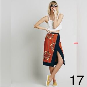 Free People Orange and Black Embroidered Pencil Skirt